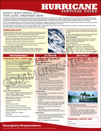 "Hurricane Survival Guide" emergency preparedness poster from Clement, detailing key survival information for before, during, and after a hurricane.
