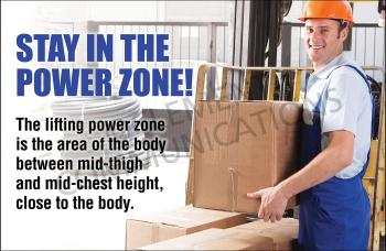 Banner promoting the "Power Zone" safe lifting area (between mid-thigh and mid-chest) for proper form and injury prevention.