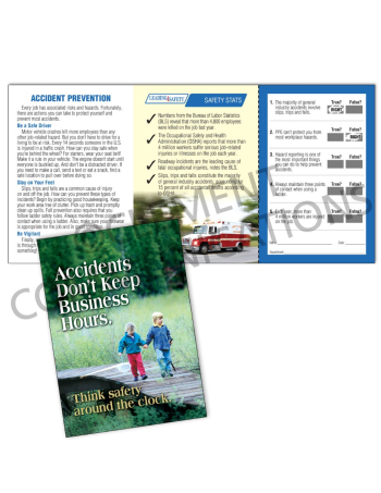 Accident Prevention - 24/7 Safety Pocket Guide with an interactive scratch-off quiz card used for employee safety training and OSHA meeting documentation.