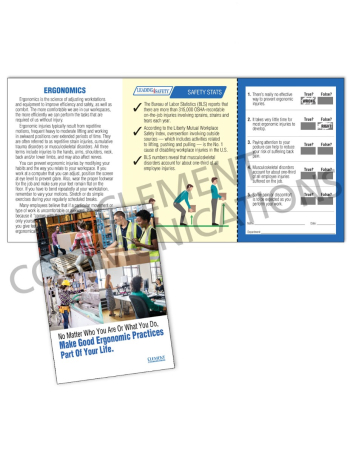 Ergonomics – Jobs Safety Pocket Guide with Quiz Card featuring essential workstation adjustment tips and an interactive scratch-off employee quiz.