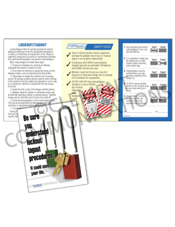 Lockout/Tagout - Understand Safety Pocket Guide with Quiz Card featuring a tri-fold LOTO procedures guide and an interactive scratch-off quiz for employees.