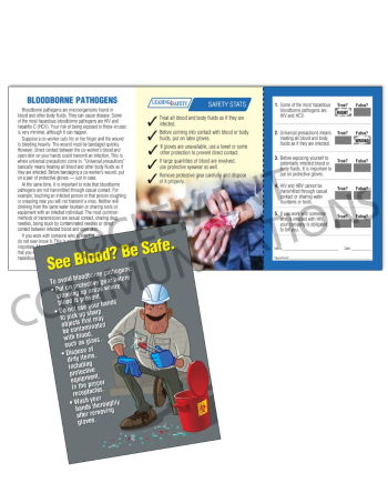 Bloodborne Pathogens "Clean Up" Safety Pocket Guide with an interactive scratch-off quiz card for employee training.
