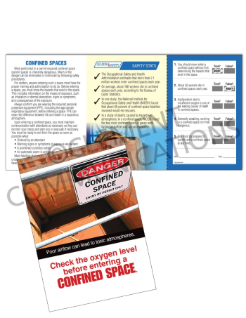 Confined Spaces – Oxygen Safety Pocket Guide with Quiz Card featuring essential safety procedures and a scratch-off employee knowledge test.