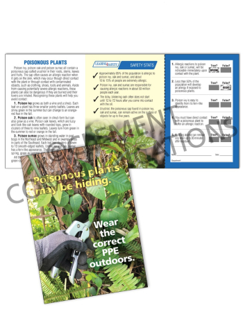 Compact 3" x 5" tri-fold field training pocket guide titled "Outdoor Safety - Poisonous Plants" shown alongside its detachable scratch-off employee quiz card.