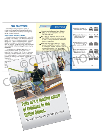 Fall Protection - Heights Safety Pocket Guide with Quiz Card featuring a tri-fold safety information layout and an interactive scratch-off employee quiz.