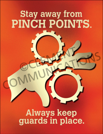 "Machine Guards - Pinch Points" industrial safety poster from Clement, warning workers to stay away from pinch points and keep machine guards in place.