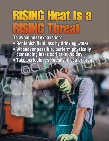 "Heat Stress – Rising Threat" high-impact safety poster from Clement, warning about the dangers of occupational heat exposure for workers.