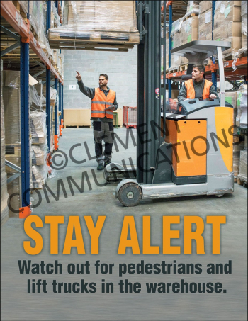 "Warehouse Safety - Pedestrians" high-impact safety poster from Clement, warning about forklift traffic and falling load hazards to protect bystanders.