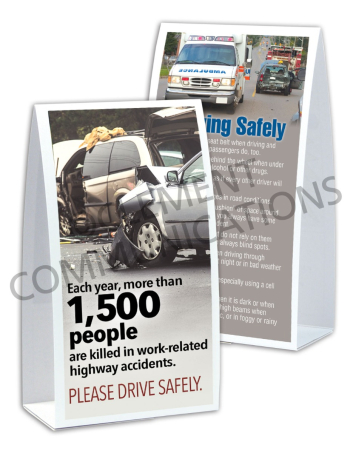 Driving Safely Accident Table-top Tent Cards featuring vehicle safety tips and reminders for workplace break areas.