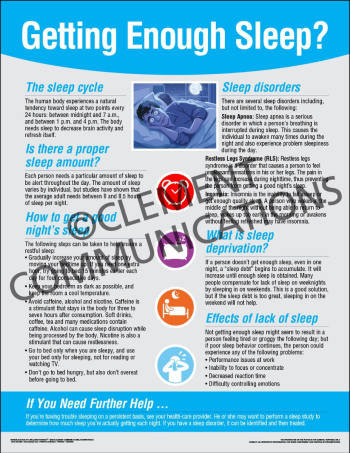 "Health and Wellness - Getting Enough Sleep" safety poster from Clement, emphasizing the importance of getting 8 to 8.5 hours of sleep for alertness.