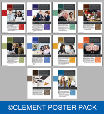 A bundle of workplace posters addressing incivility, featuring messages on professional behavior, respectful communication, and fostering a positive team environment.