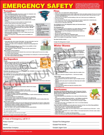 Emergency Response safety poster providing instructions on how to react to fires, floods, earthquakes, chemical spills, and severe weather.