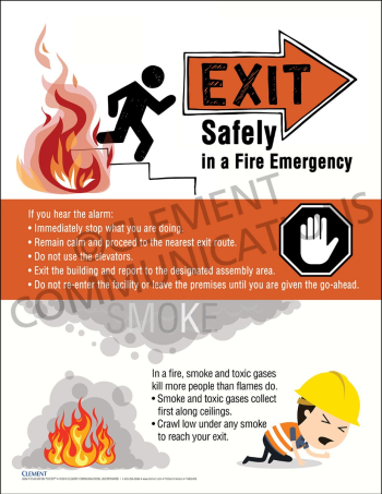 Exit Safely in a Fire Emergency Evacuation Infographic Poster providing essential fire emergency response steps and smoke inhalation prevention tips.
